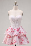 Sweetheart White Fuchsia Flower A Line Corset Cute Cocktail Dress with Ruffles