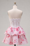 Sweetheart White Fuchsia Flower A Line Corset Cute Cocktail Dress with Ruffles