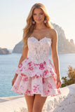 Sweetheart White Fuchsia Flower A Line Corset Cute Cocktail Dress with Ruffles