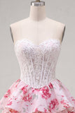 Sweetheart White Fuchsia Flower A Line Corset Cute Cocktail Dress with Ruffles