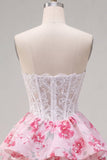 Sweetheart White Fuchsia Flower A Line Corset Cute Cocktail Dress with Ruffles