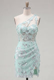 One Shoulder Mint Bodycon 3D Flowers Cocktail Dress with Slit
