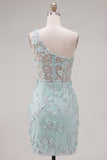 One Shoulder Mint Bodycon 3D Flowers Cocktail Dress with Slit
