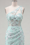 One Shoulder Mint Bodycon 3D Flowers Cocktail Dress with Slit
