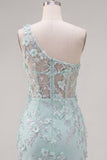 One Shoulder Mint Bodycon 3D Flowers Cocktail Dress with Slit