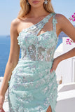 One Shoulder Mint Bodycon 3D Flowers Cocktail Dress with Slit