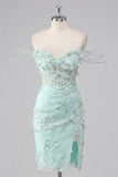 Mint Off the Shoulder Corset Bodycon Appliqued Cocktail Dress with Slit
