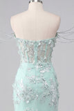 Mint Off the Shoulder Corset Bodycon Appliqued Cocktail Dress with Slit
