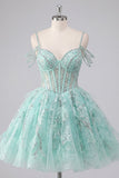 Mint Cold Shoulder A-Line Corset Beaded Cocktail Dress