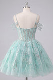 Mint Cold Shoulder A-Line Corset Beaded Cocktail Dress