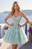 Mint Cold Shoulder A-Line Corset Beaded Cocktail Dress