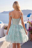 Mint Cold Shoulder A-Line Corset Beaded Cocktail Dress