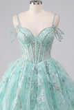 Mint Cold Shoulder A-Line Corset Beaded Cocktail Dress