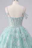 Mint Cold Shoulder A-Line Corset Beaded Cocktail Dress