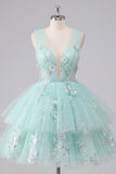 Mint A-Line Ruffled Tulle Appliqued Cocktail Dress with 3D Flowers