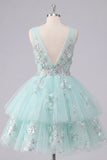 Mint A-Line Ruffled Tulle Appliqued Cocktail Dress with 3D Flowers