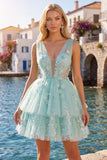 Mint A-Line Ruffled Tulle Appliqued Cocktail Dress with 3D Flowers