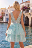Mint A-Line Ruffled Tulle Appliqued Cocktail Dress with 3D Flowers