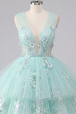 Mint A-Line Ruffled Tulle Appliqued Cocktail Dress with 3D Flowers
