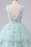 Mint A-Line Ruffled Tulle Appliqued Cocktail Dress with 3D Flowers