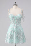 Mint Cold Shoulder A-Line Corset 3D Flowers Graduation Dress with Sequins