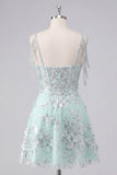 Mint Cold Shoulder A-Line Corset 3D Flowers Graduation Dress with Sequins