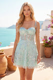 Mint Cold Shoulder A-Line Corset 3D Flowers Graduation Dress with Sequins