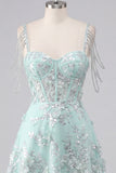 Mint Cold Shoulder A-Line Corset 3D Flowers Graduation Dress with Sequins