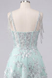 Mint Cold Shoulder A-Line Corset 3D Flowers Graduation Dress with Sequins