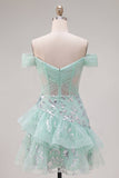 Off the Shoulder Mint Sheer Corset Graduation Dress with Ruffles