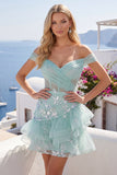 Off the Shoulder Mint Sheer Corset Graduation Dress with Ruffles