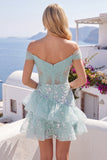 Off the Shoulder Mint Sheer Corset Graduation Dress with Ruffles