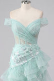 Off the Shoulder Mint Sheer Corset Graduation Dress with Ruffles
