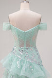 Off the Shoulder Mint Sheer Corset Graduation Dress with Ruffles