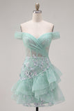 Off the Shoulder Mint Sheer Corset Graduation Dress with Ruffles