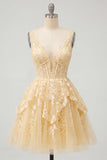 Butter Yellow Corset A-Line V-Neck Short Graduation Dress