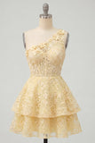 Butter Yellow One Shoulder Corset A-Line Graduation Dress with Ruffles