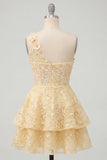 Butter Yellow One Shoulder Corset A-Line Graduation Dress with Ruffles