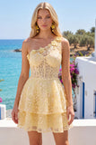 Butter Yellow One Shoulder Corset A-Line Graduation Dress with Ruffles