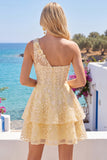 Butter Yellow One Shoulder Corset A-Line Graduation Dress with Ruffles
