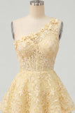 Butter Yellow One Shoulder Corset A-Line Graduation Dress with Ruffles