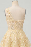 Butter Yellow One Shoulder Corset A-Line Graduation Dress with Ruffles