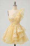 One Shoulder Butter Yellow Ruffled A-Line Graduation Dress with 3D Flowers