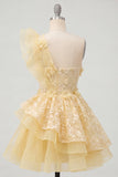 One Shoulder Butter Yellow Ruffled A-Line Graduation Dress with 3D Flowers