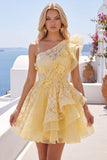 One Shoulder Butter Yellow Ruffled A-Line Graduation Dress with 3D Flowers