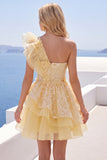 One Shoulder Butter Yellow Ruffled A-Line Graduation Dress with 3D Flowers