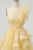 One Shoulder Butter Yellow Ruffled A-Line Graduation Dress with 3D Flowers
