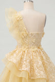 One Shoulder Butter Yellow Ruffled A-Line Graduation Dress with 3D Flowers
