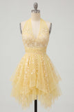 Halter Butter Yellow A-Line Asymmetrical Graduation Dress