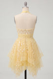 Halter Butter Yellow A-Line Asymmetrical Graduation Dress